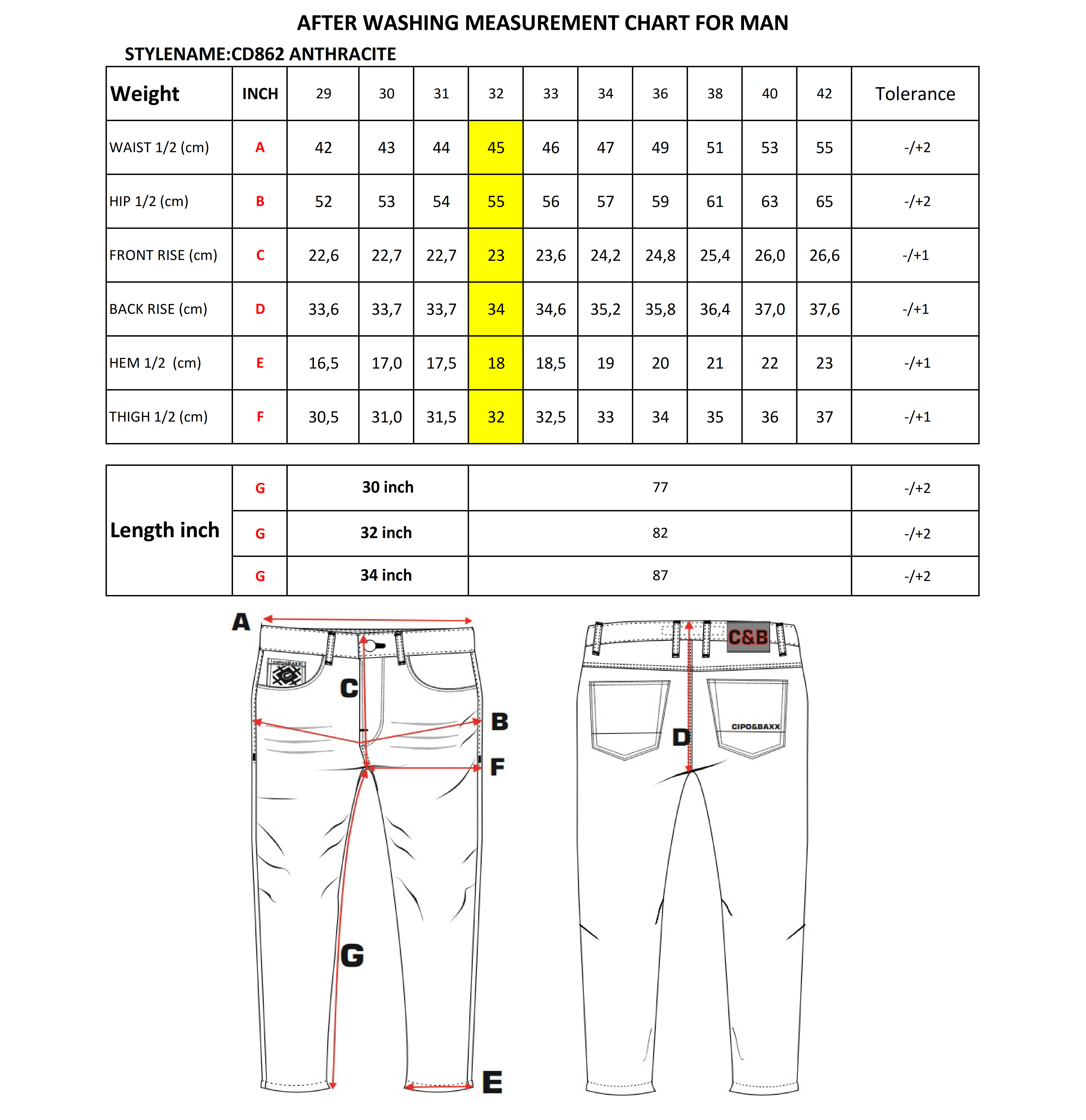 Męskie Jeansy CD862 Regular Fit – 100% Bawełna, Doskonałe Dopasowanie, Niebieskie, Antracyt i Granatowe size chart