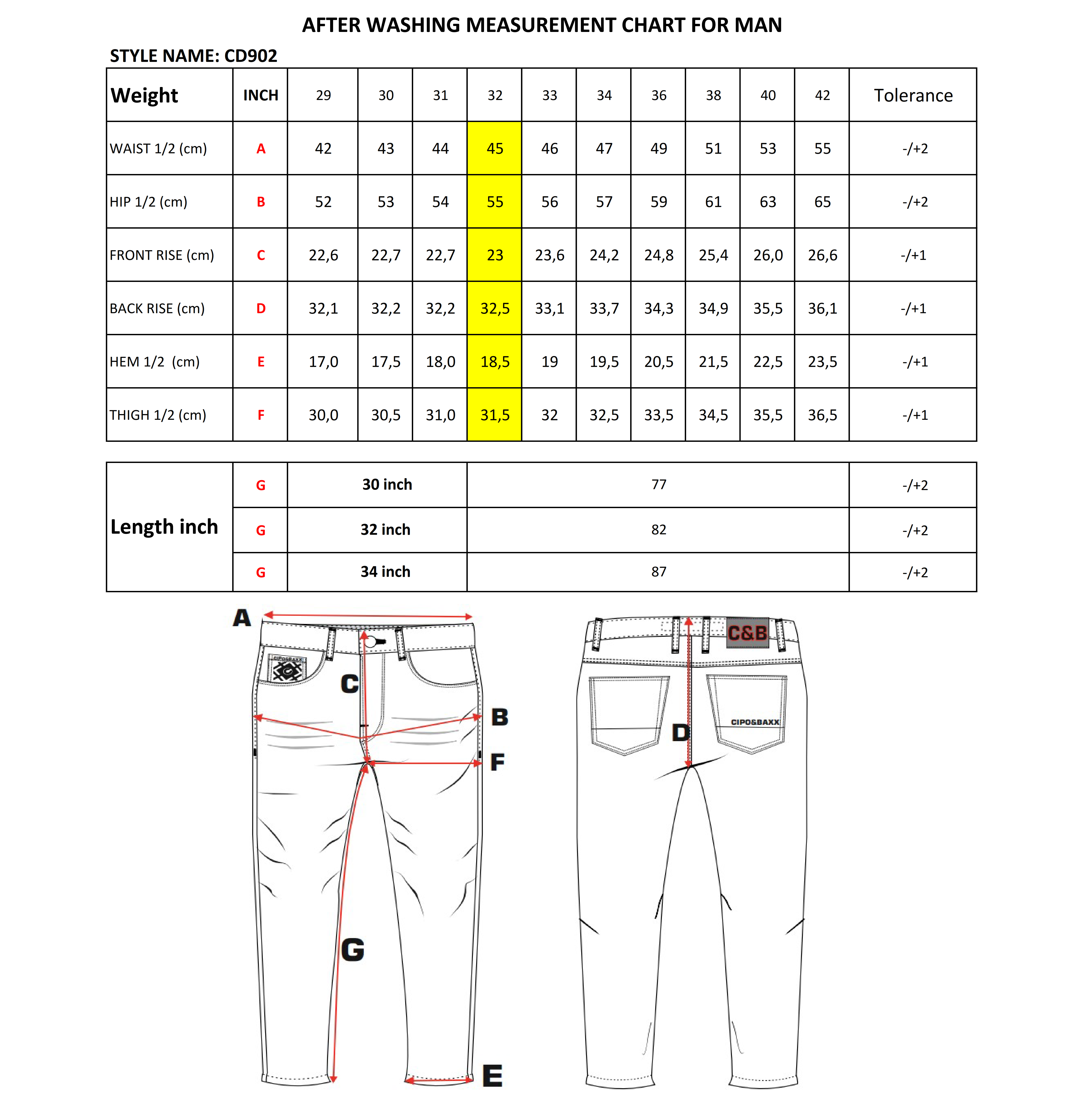 CD902 jeansy męskie size chart
