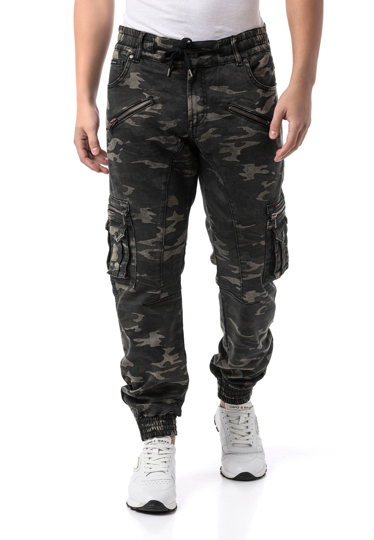 CD908 Męskie Spodnie Jogger Cargo w Kamuflażu z Zamkami i Wieloma Kieszeniami
