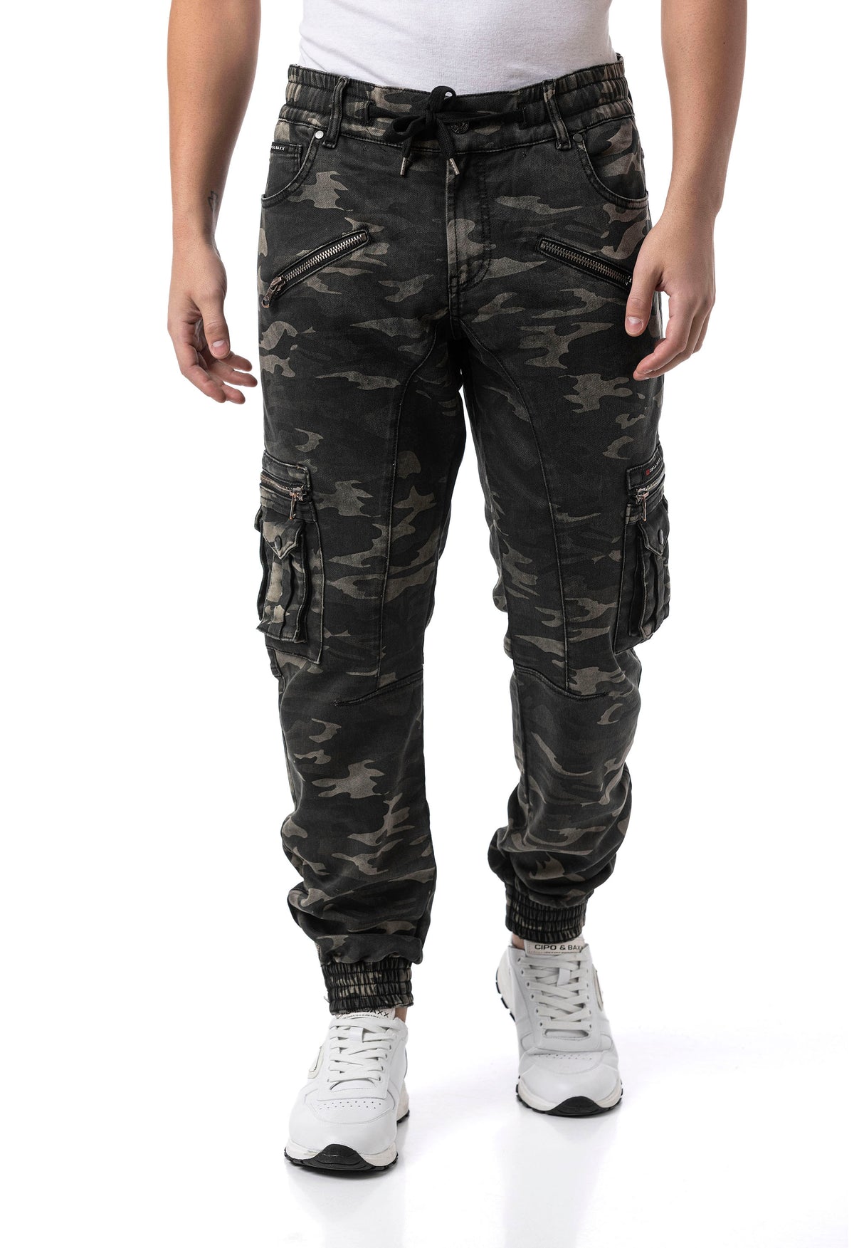 CD908 Męskie Spodnie Jogger Cargo w Kamuflażu z Zamkami i Wieloma Kieszeniami
