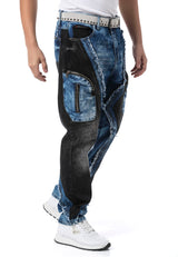 CD909 Jeans para Hombre – Corte Loose Fit con Paneles Contrastados y Cremalleras