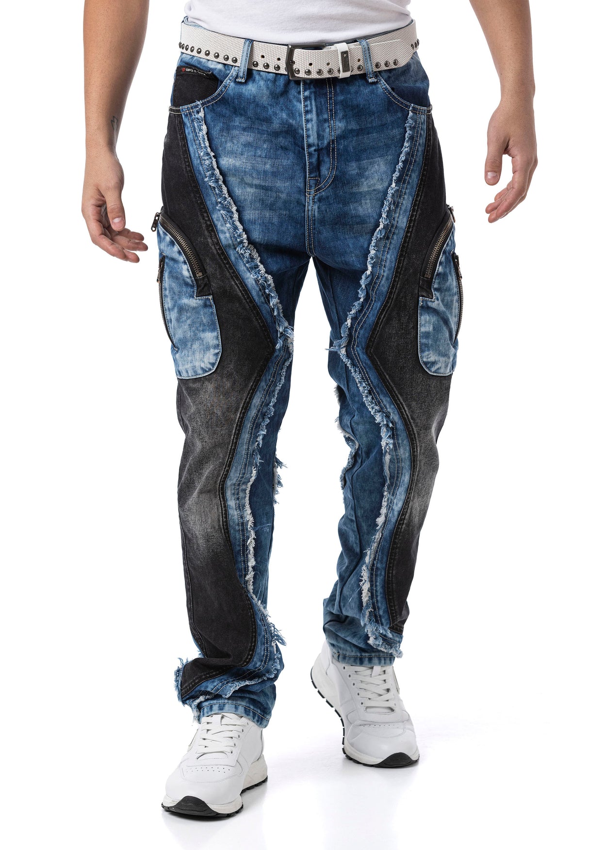 CD909 Jeans para Hombre – Corte Loose Fit con Paneles Contrastados y Cremalleras