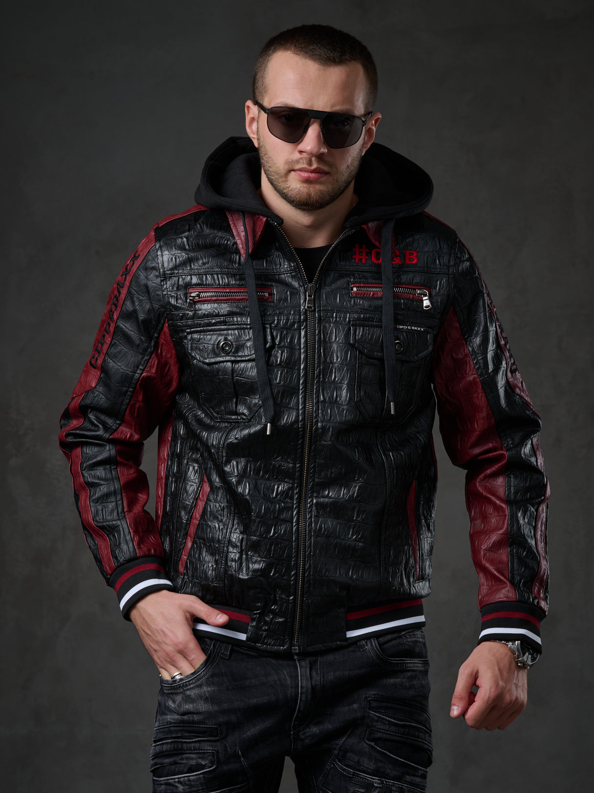 CJ284 men's synthetic leather jacket hooded in a cool look