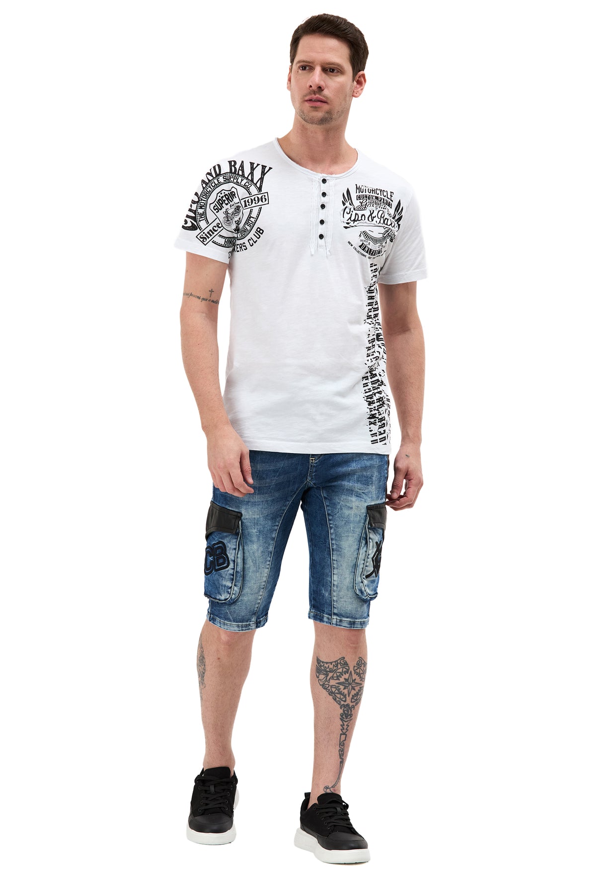 CK311 Herren Capri Jeans – Cargo Denim Shorts mit Taschen & Stickerei