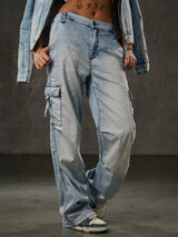 WD544 Jean baggy pour femme – Pantalon coupe décontractée bleu glacier avec poches cargo