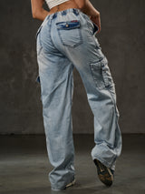WD544 Jean baggy pour femme – Pantalon coupe décontractée bleu glacier avec poches cargo