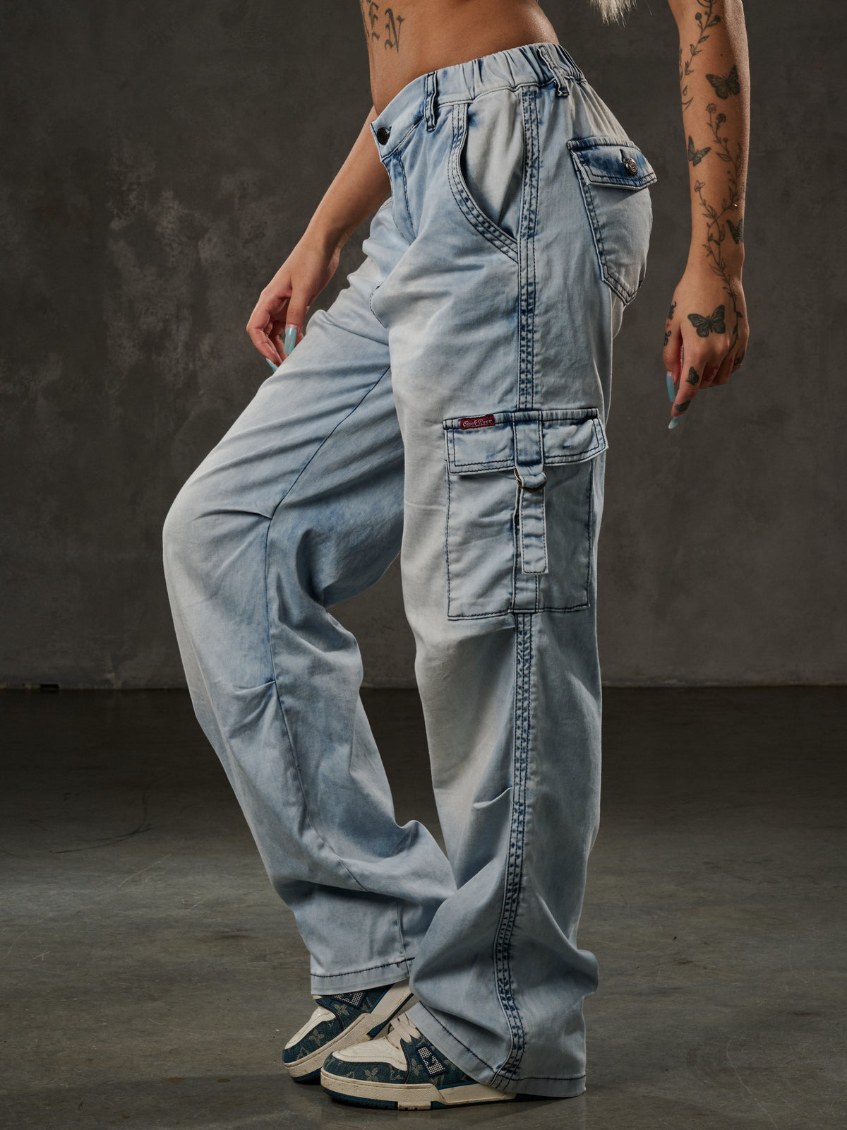 WD544 Jean baggy pour femme – Pantalon coupe décontractée bleu glacier avec poches cargo