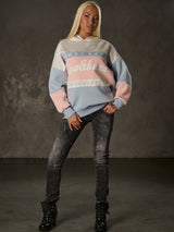 WL376 Damen Hoodie Sweatshirt – Colorblock Design, Frontprint „Visual Act“, Kapuze, weiche Baumwollmischung