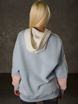 WL376 Damen Hoodie Sweatshirt – Colorblock Design, Frontprint „Visual Act“, Kapuze, weiche Baumwollmischung