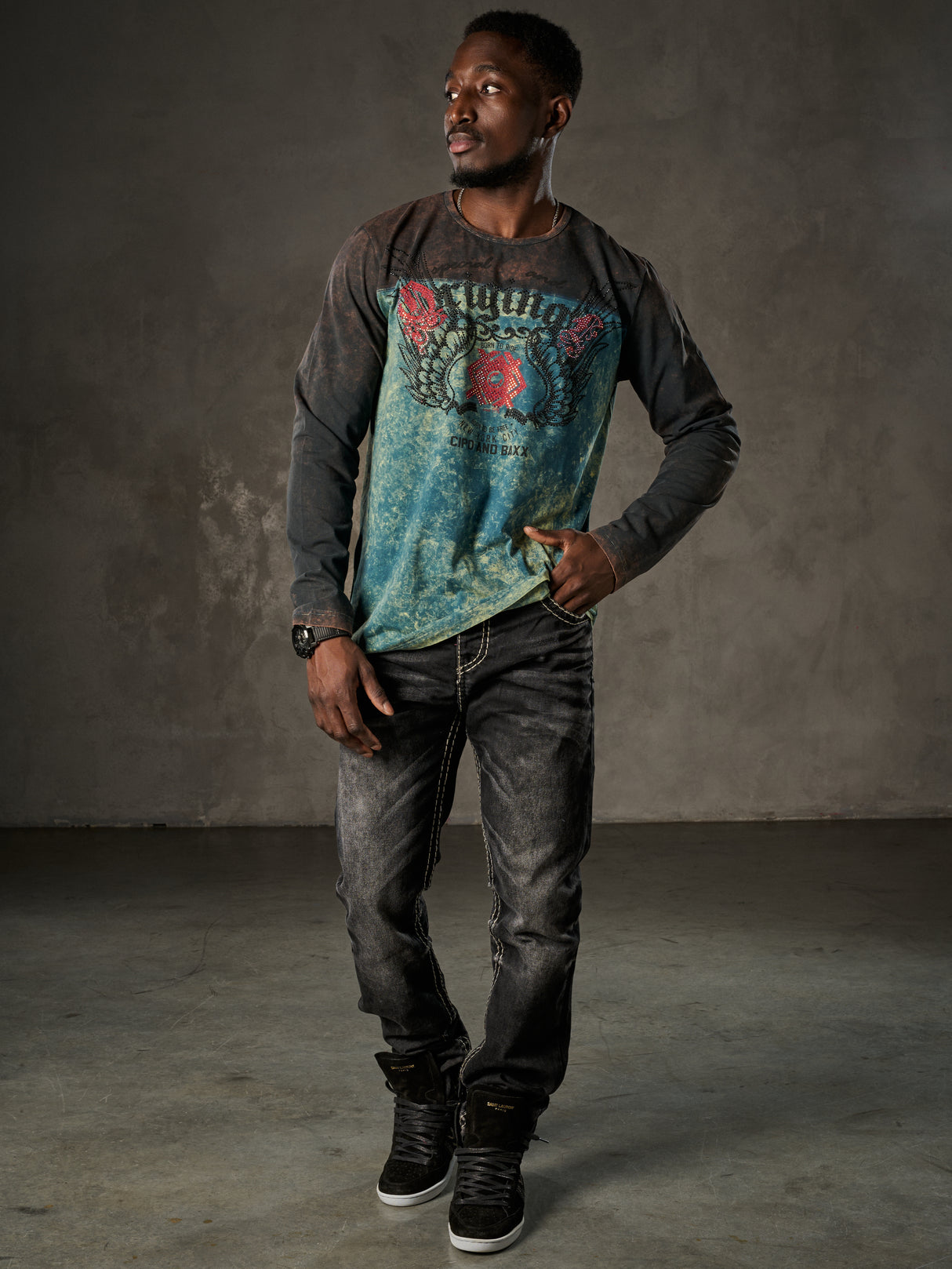 CL351 Herren Langarmshirt mit Edelsteinprint