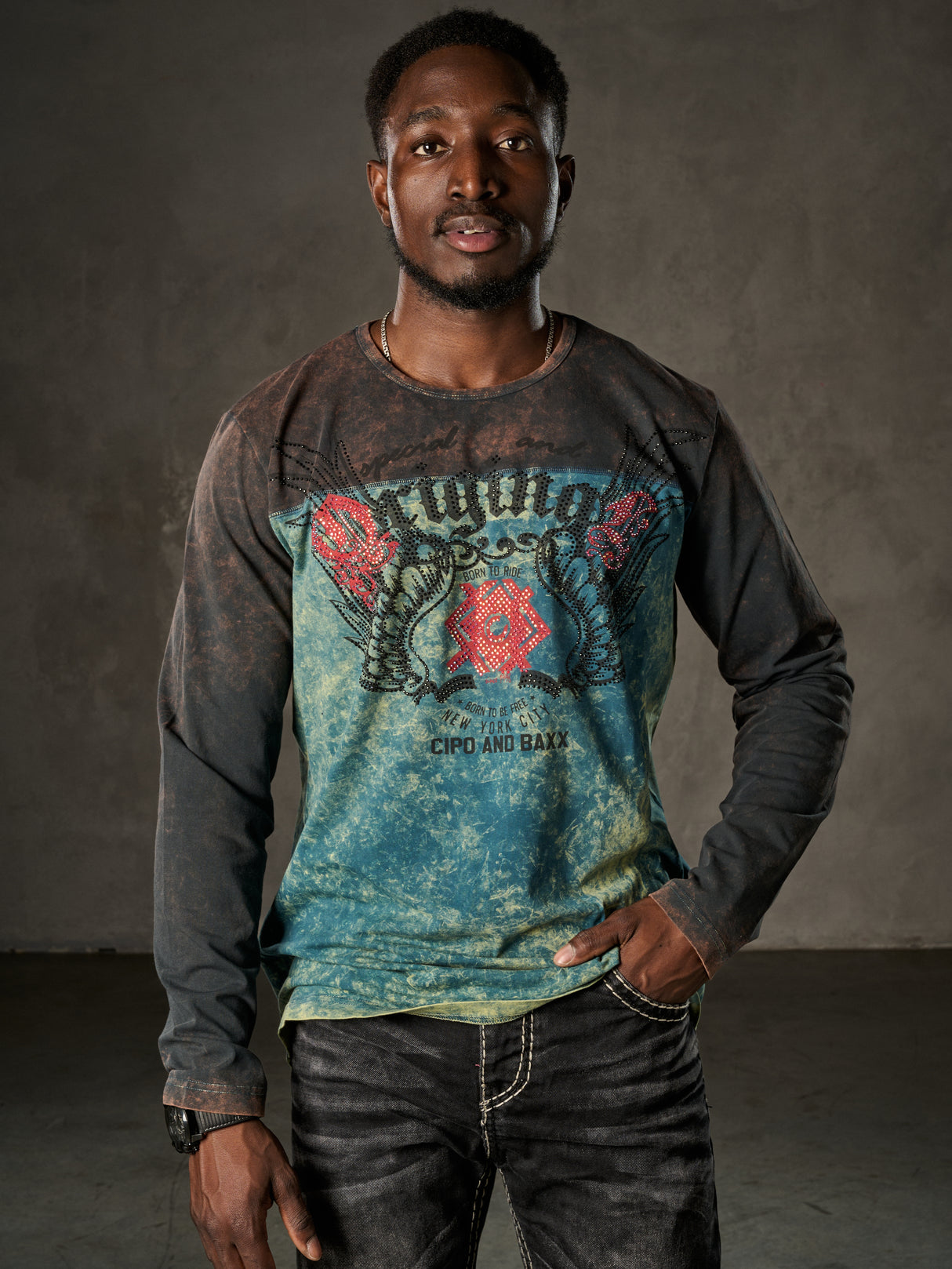 CL351 Herren Langarmshirt mit Edelsteinprint