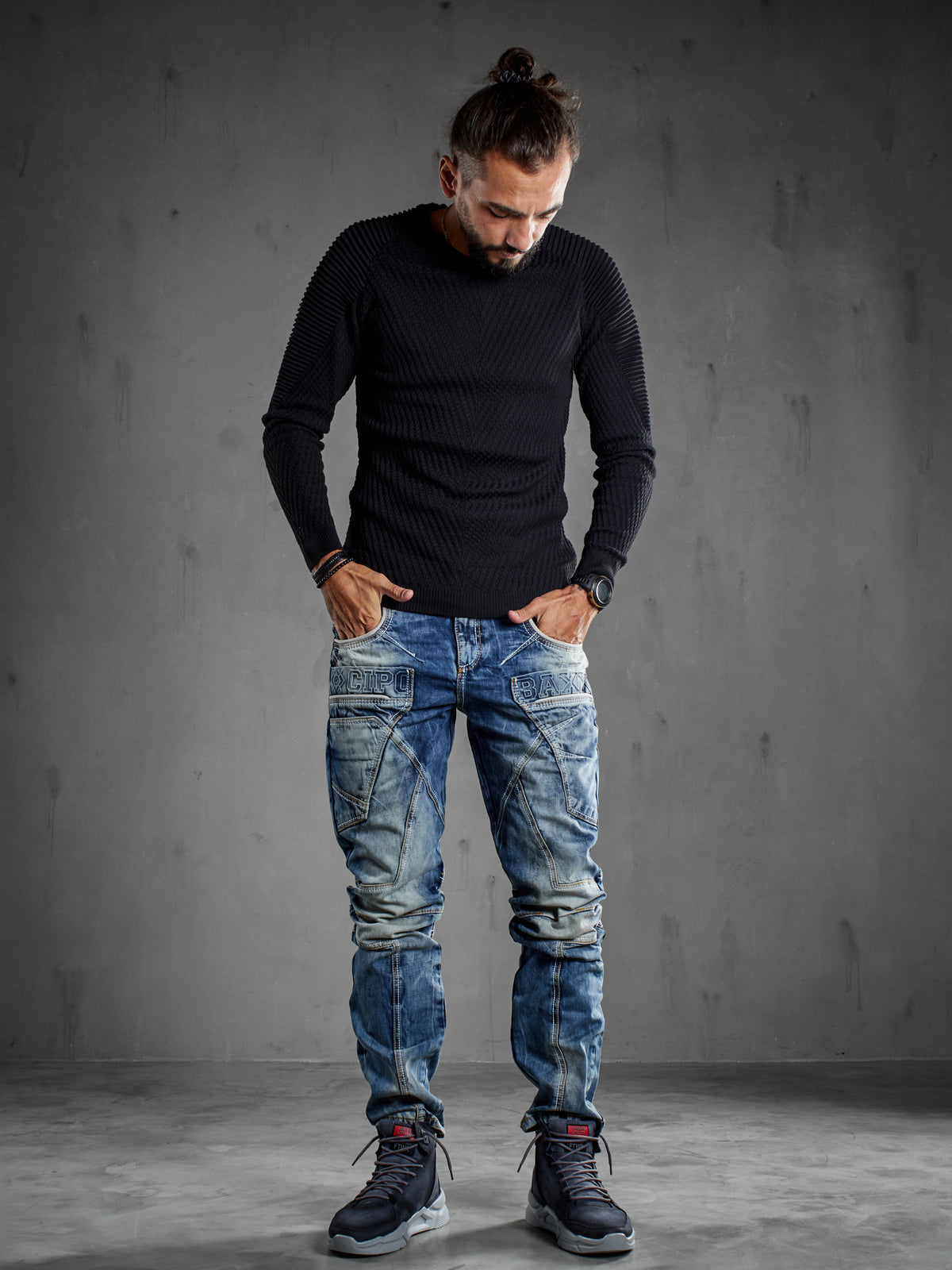 CD391 Herren bequeme Jeans mit Kontrastnähten und Seitentaschen