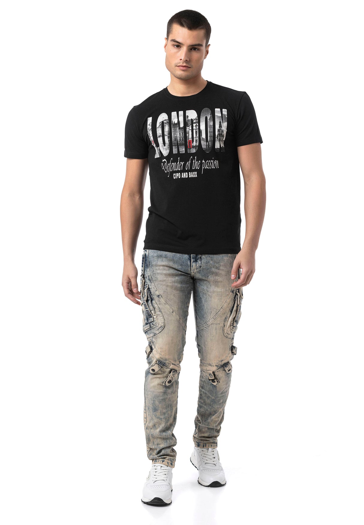 CD440A – Herren Jeans Straight Fit Dirtywash Cargo Denim mit markanten Details