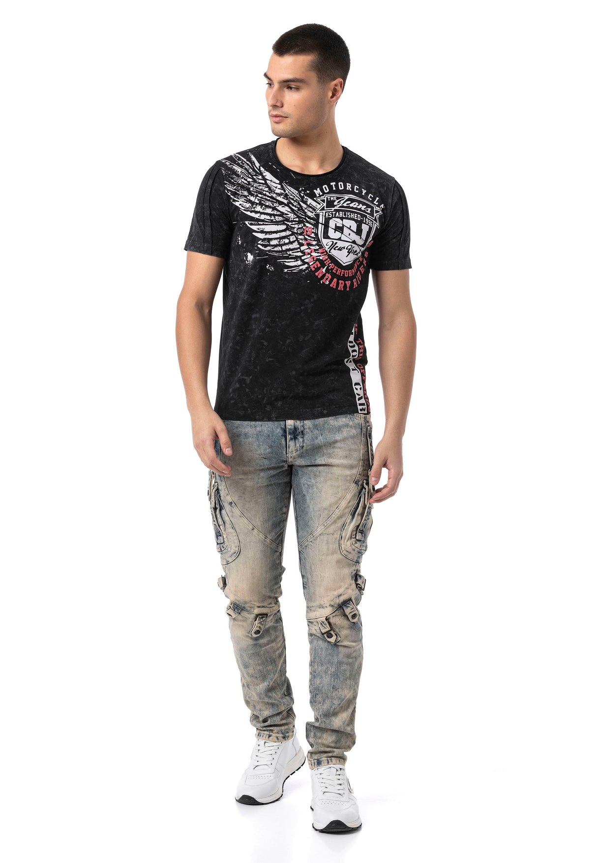 CD440A – Herren Jeans Straight Fit Dirtywash Cargo Denim mit markanten Details