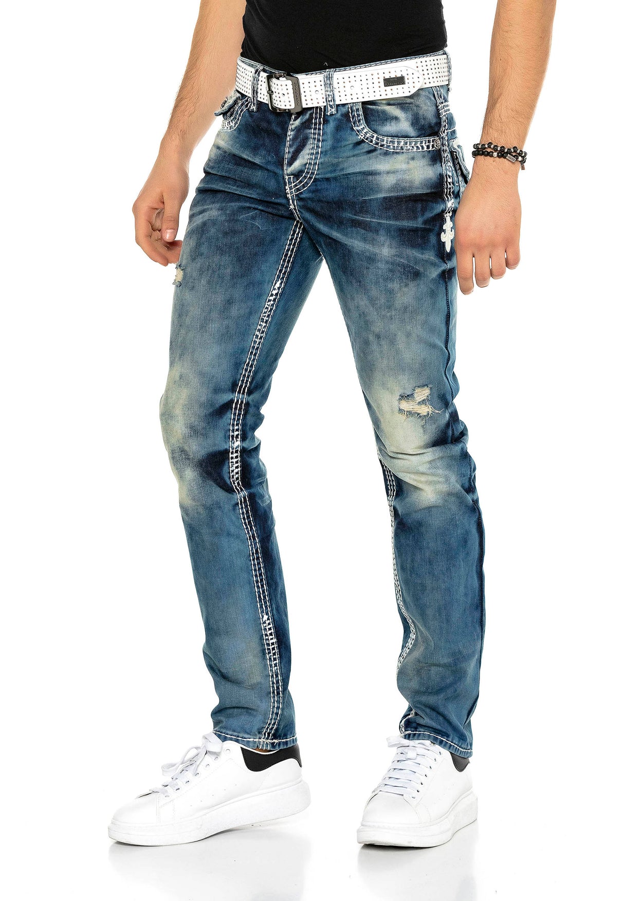 CD149 Jeans confortable pour hommes, look usé et cool coupe droite