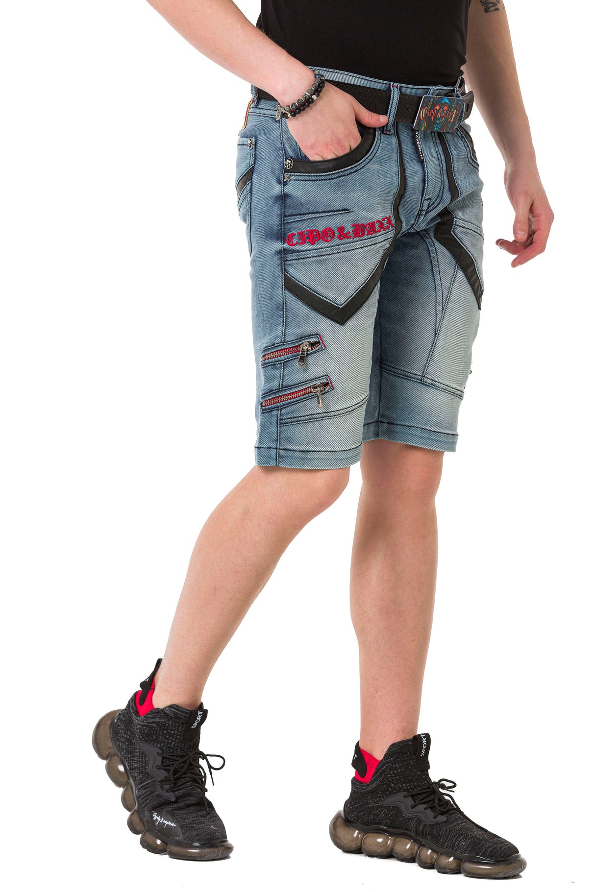 CK259 Herren Capri Shorts mit Kunstlederstreifen im Designer-Look