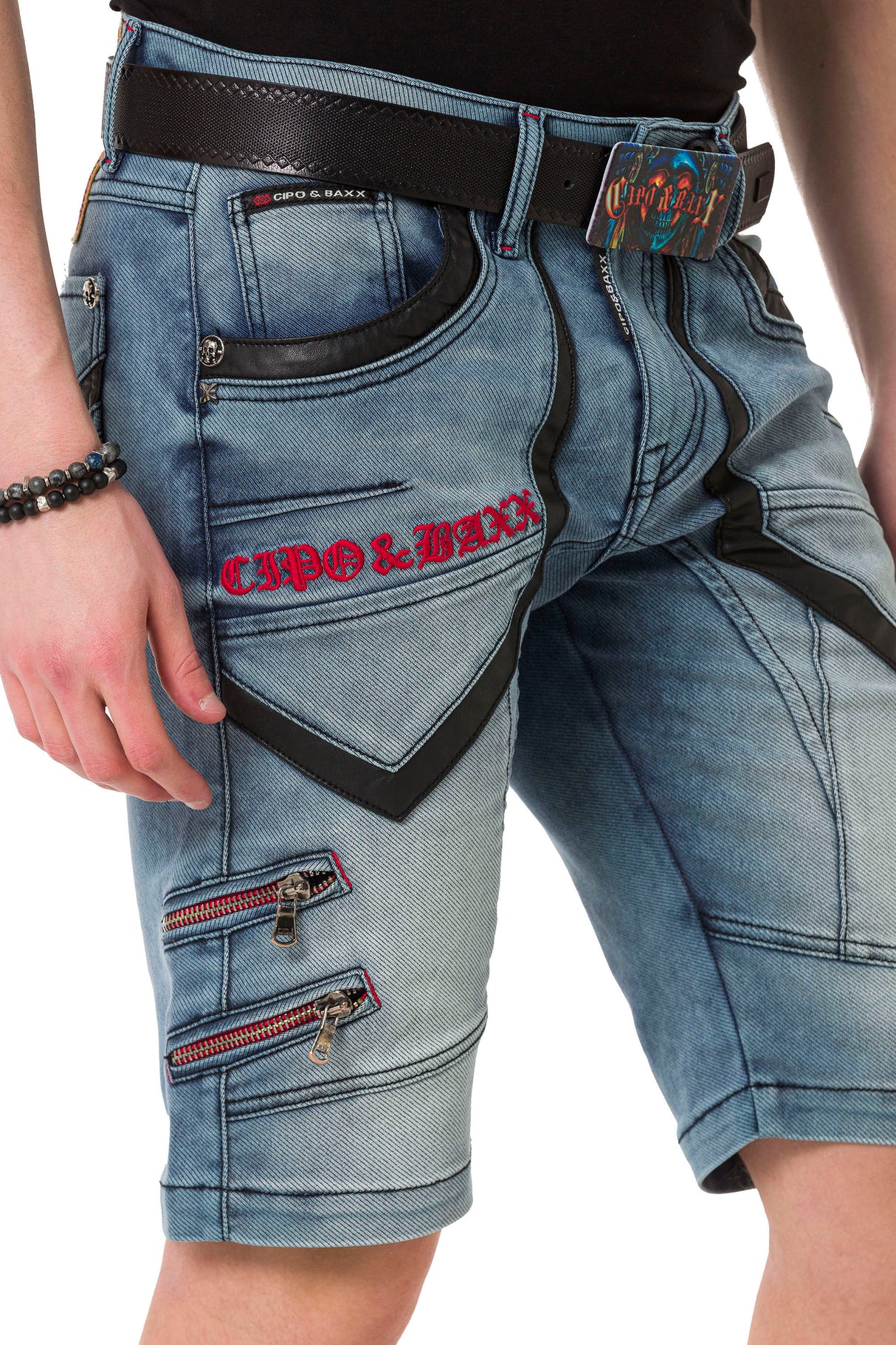 CK259 Herren Capri Shorts mit Kunstlederstreifen im Designer-Look