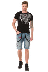 CK259 Herren Capri Shorts mit Kunstlederstreifen im Designer-Look
