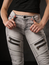 WD501 Damen Jeans Slim-fit mit Ziernähten Zippern und Markenlogo