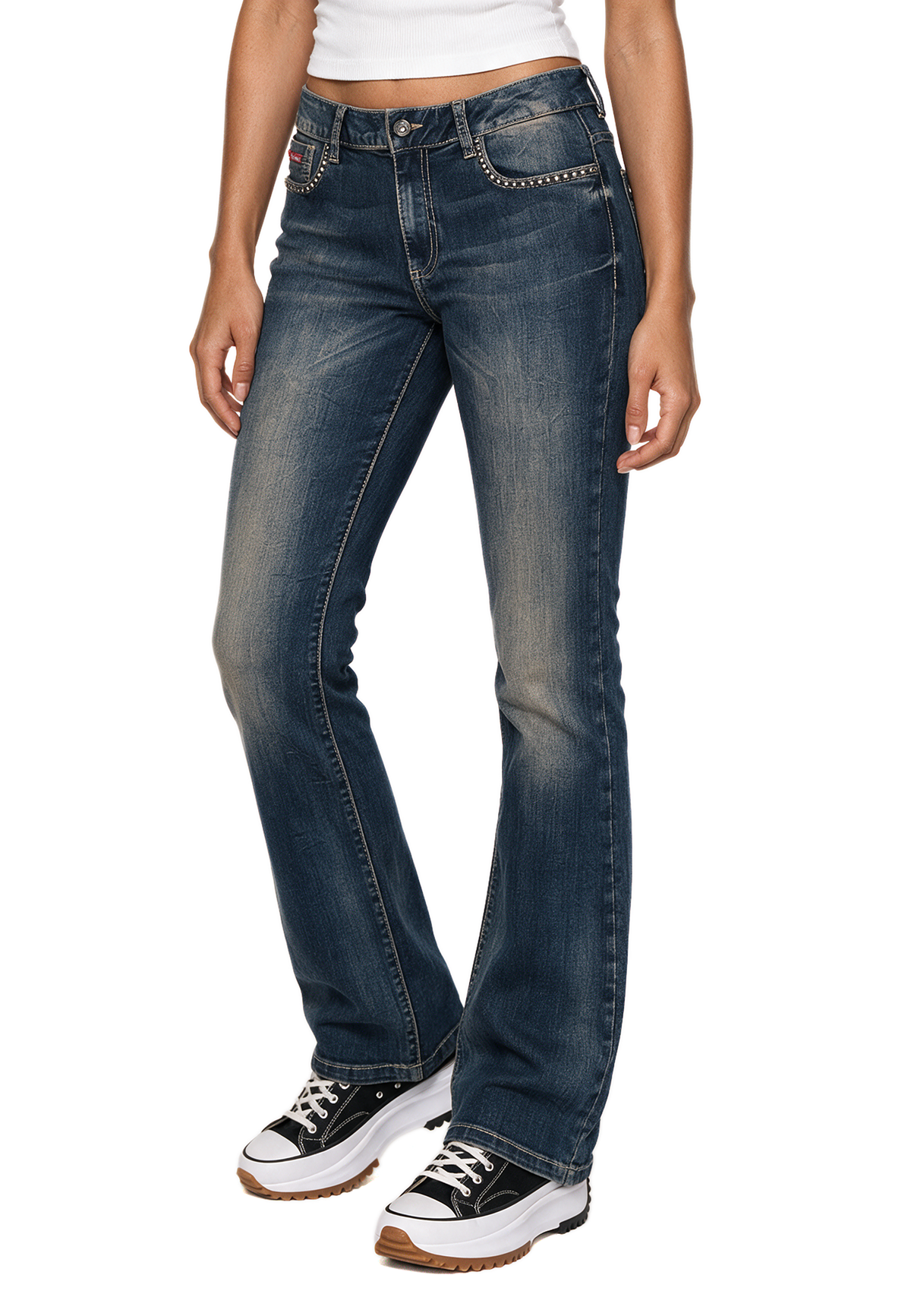 WD561 Damen Jeans Bootcut Fit mit Vintage-Waschung und Nietendetails