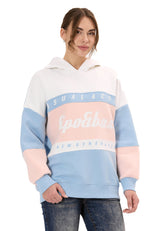 WL376 Damen Hoodie Sweatshirt – Colorblock Design, Frontprint „Visual Act“, Kapuze, weiche Baumwollmischung
