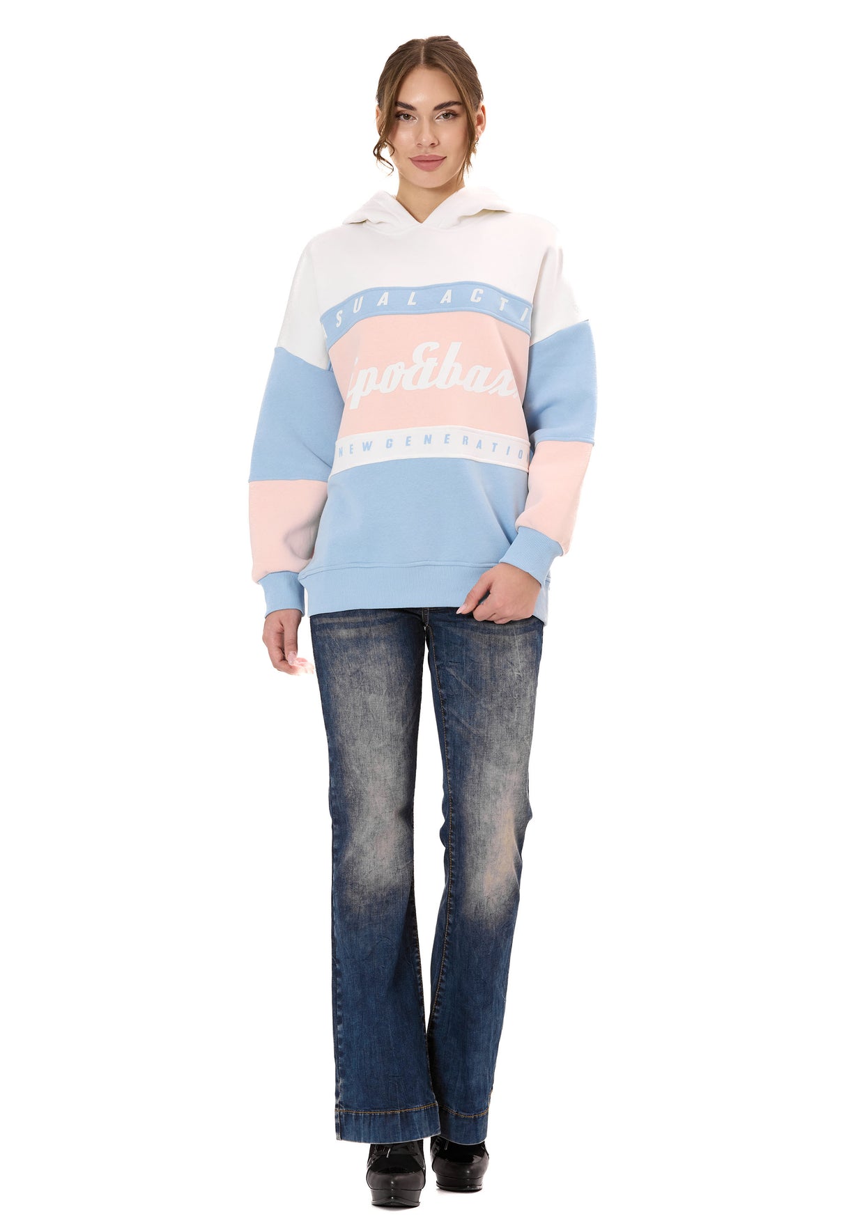 WL376 Damen Hoodie Sweatshirt – Colorblock Design, Frontprint „Visual Act“, Kapuze, weiche Baumwollmischung