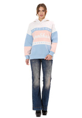 WL376 Damen Hoodie Sweatshirt – Colorblock Design, Frontprint „Visual Act“, Kapuze, weiche Baumwollmischung