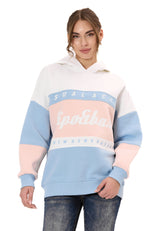 WL376 Damen Hoodie Sweatshirt – Colorblock Design, Frontprint „Visual Act“, Kapuze, weiche Baumwollmischung