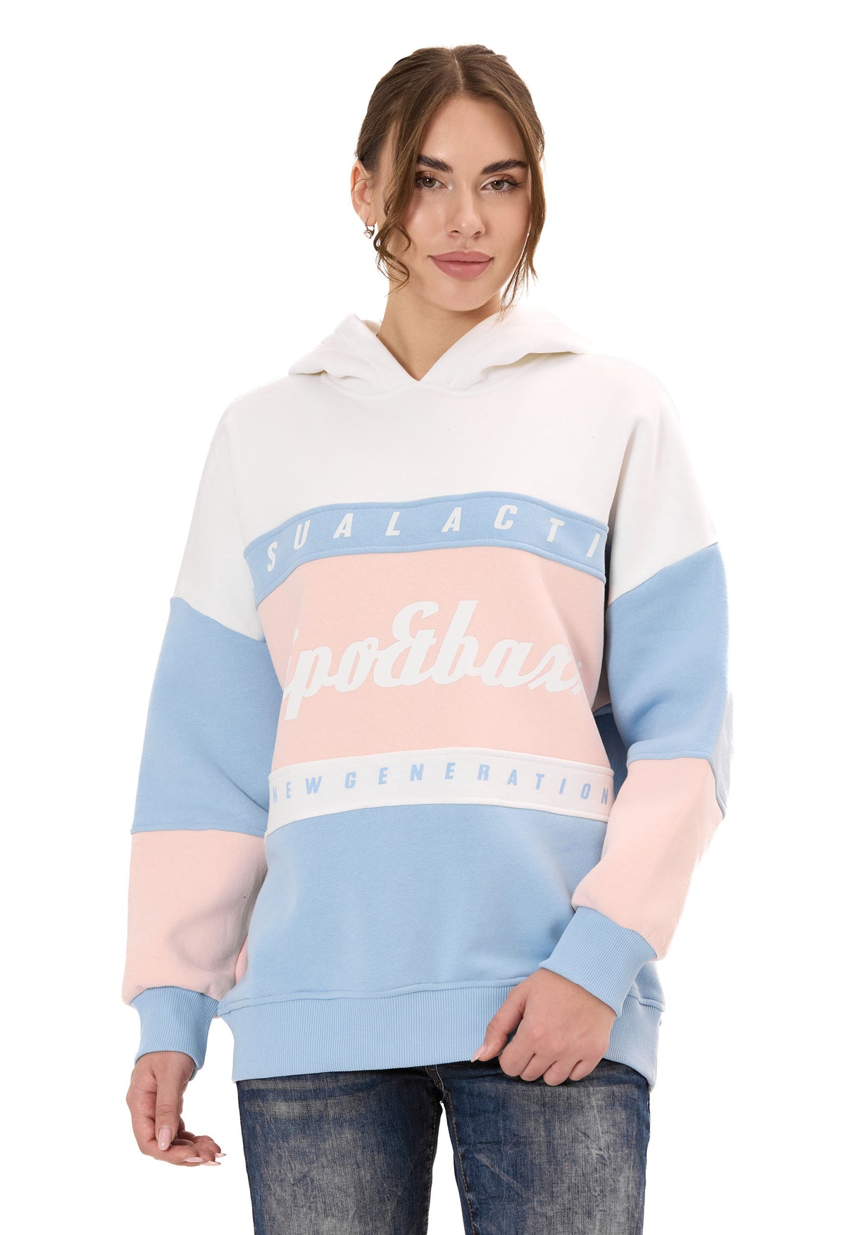 WL376 Damen Hoodie Sweatshirt – Colorblock Design, Frontprint „Visual Act“, Kapuze, weiche Baumwollmischung