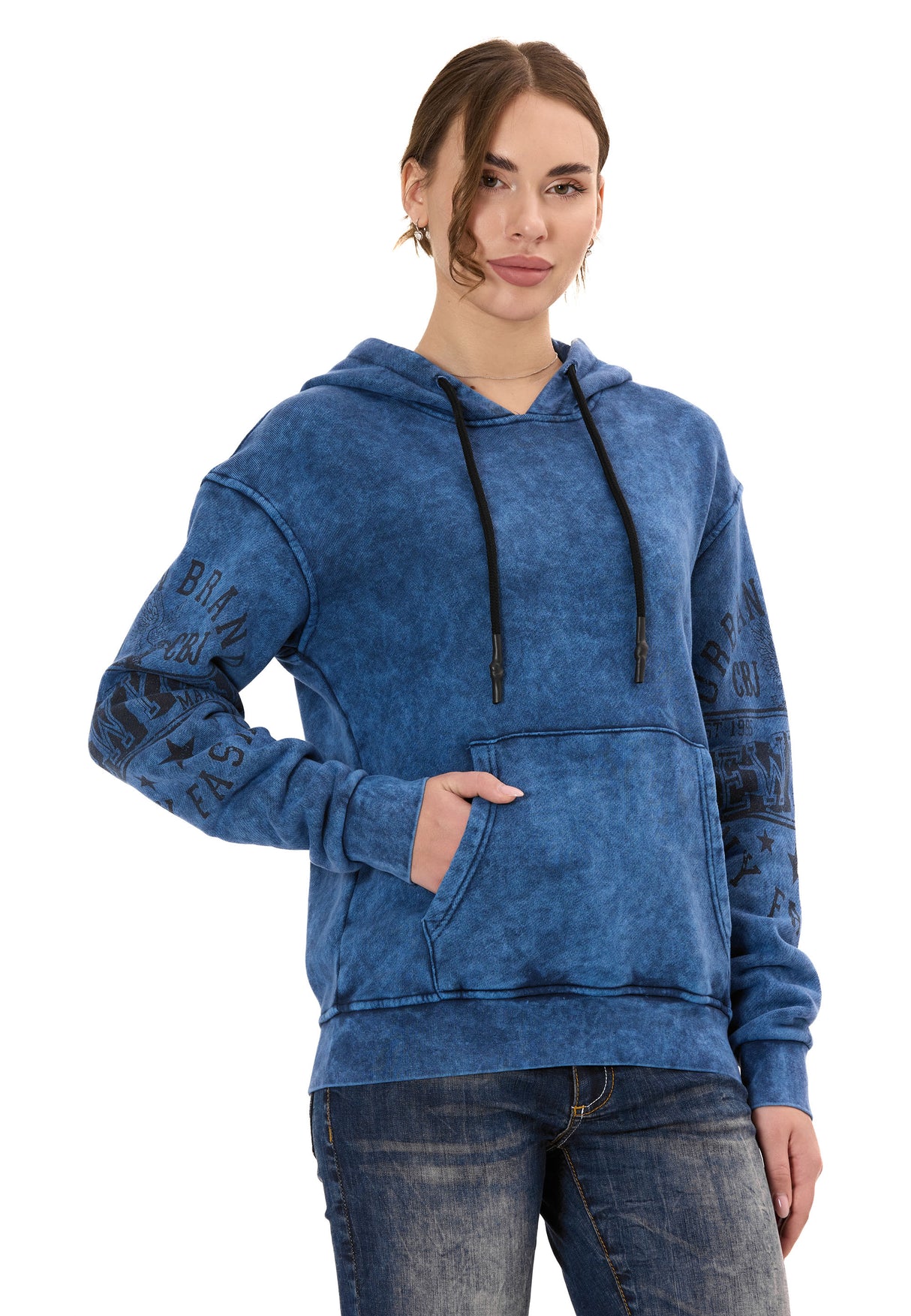 WL378 Dames Hoodie – Vintage Washed Look met Mouwprints