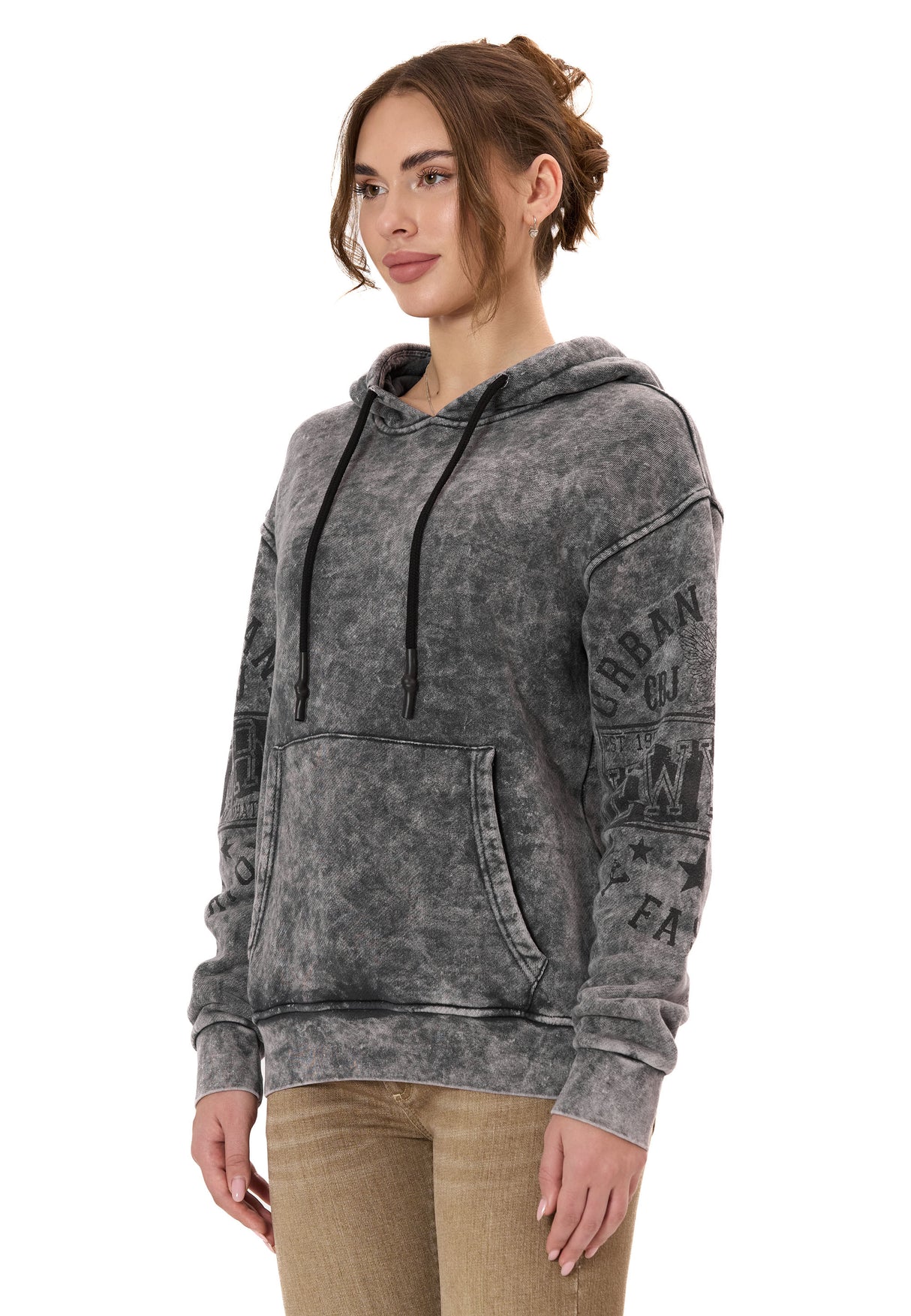 WL378 Dames Hoodie – Vintage Washed Look met Mouwprints