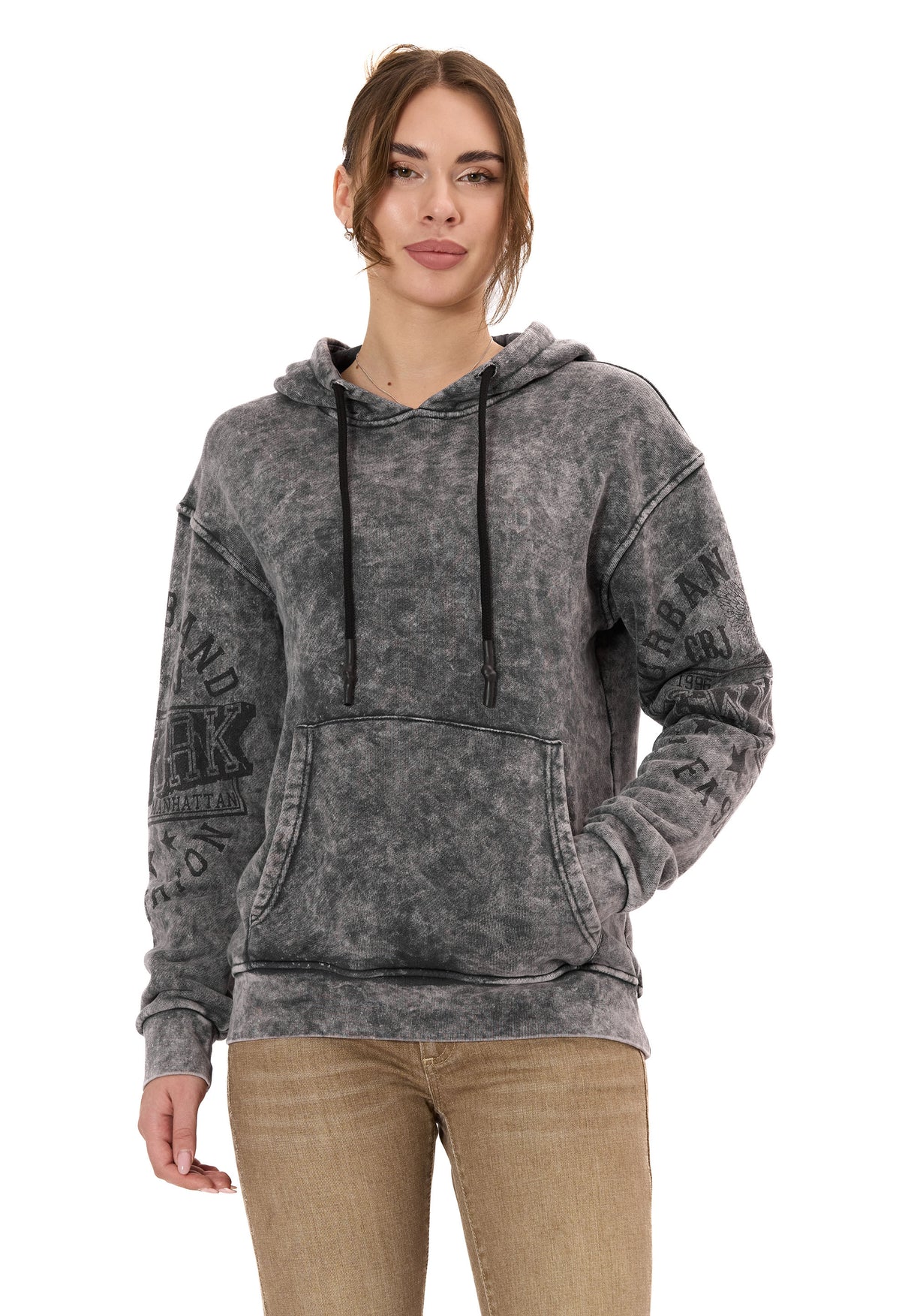 WL378 Dames Hoodie – Vintage Washed Look met Mouwprints