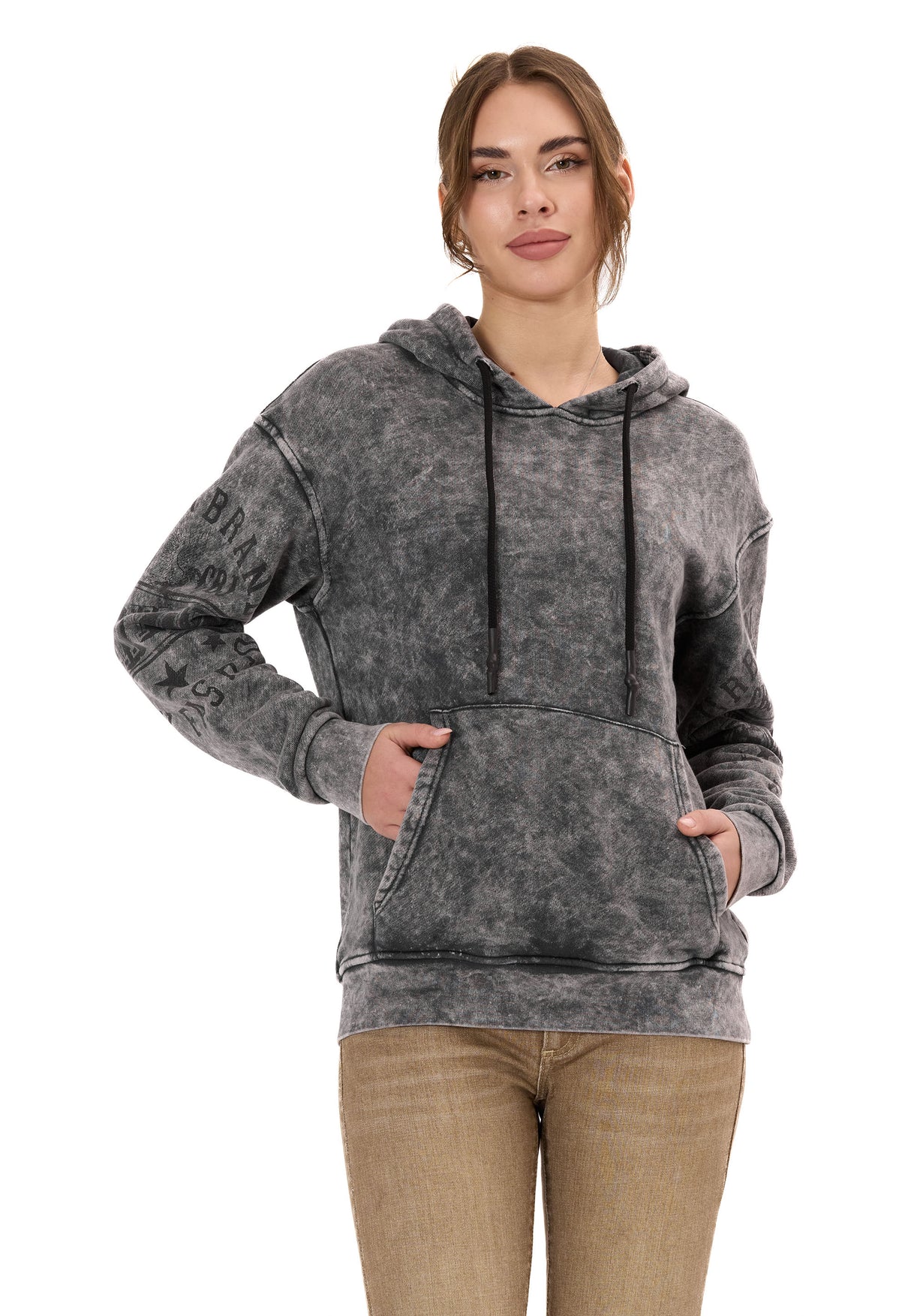 WL378 Dames Hoodie – Vintage Washed Look met Mouwprints