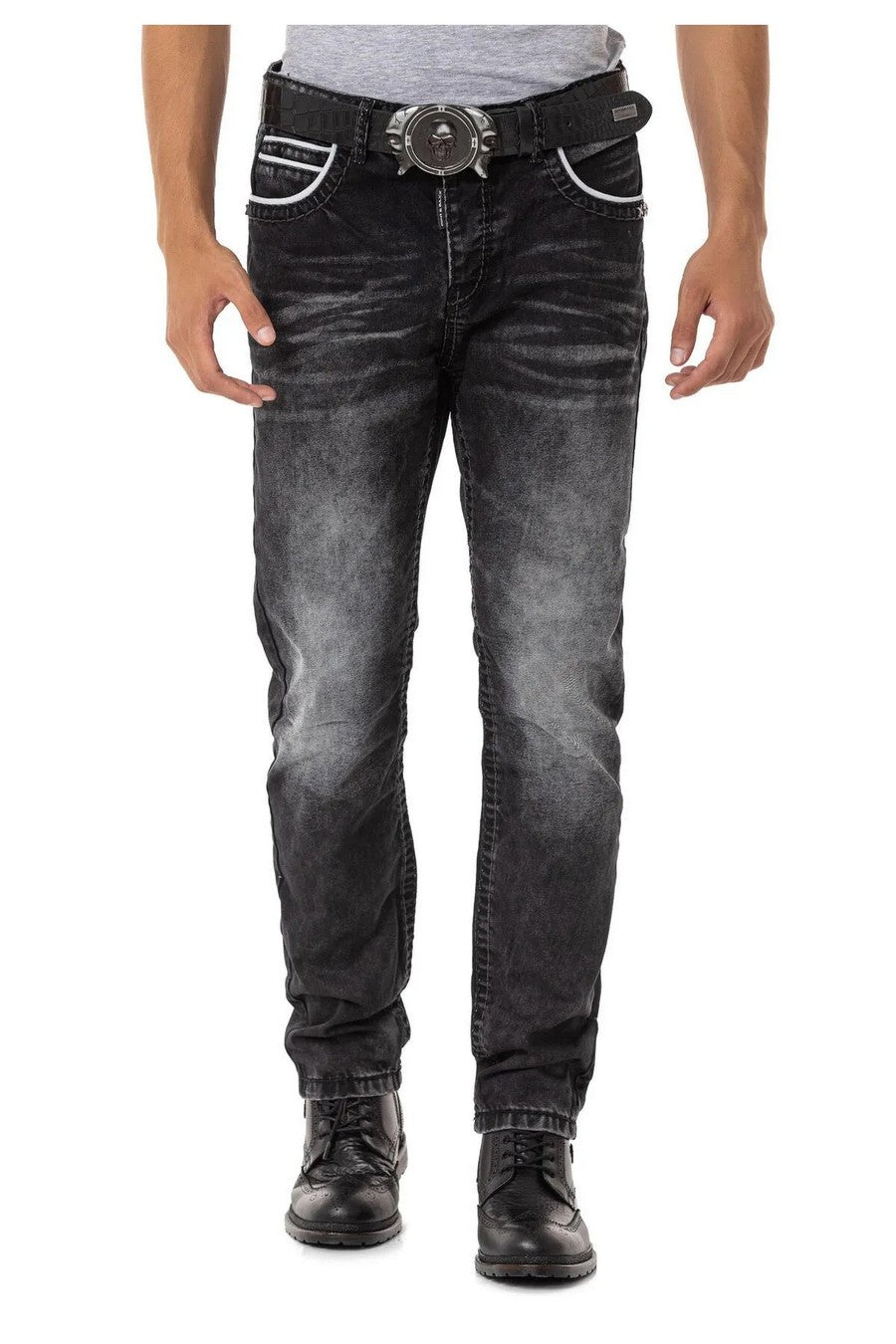 CD148 Herren bequeme Jeans mit Kontrastnähten in Straight Fit