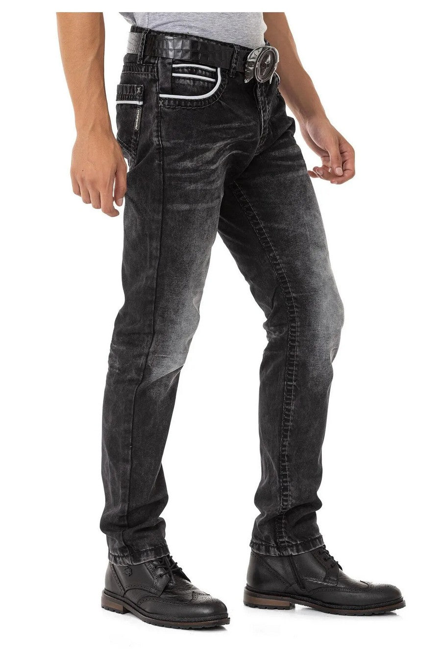 CD148 Comfortabele Heren Jeans met Contraststiksels in Straight-Fit