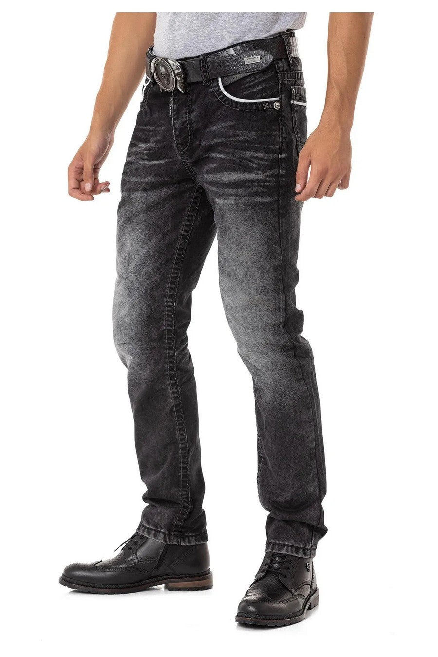 CD148 Herren bequeme Jeans mit Kontrastnähten in Straight Fit