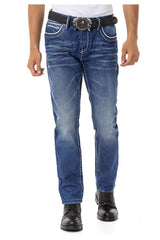 CD148 Comfortabele Heren Jeans met Contraststiksels in Straight-Fit