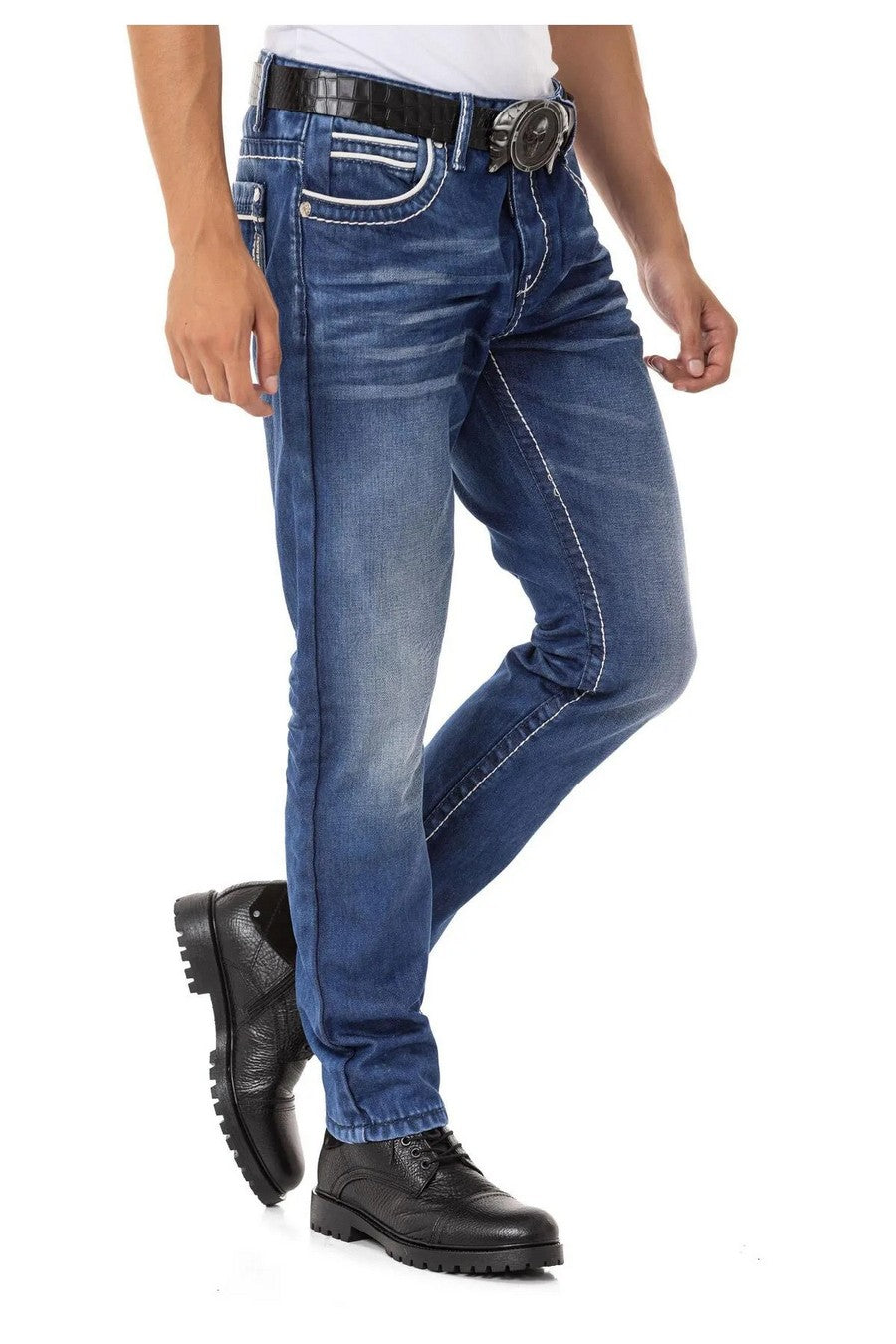 CD148 Jeans confortable pour hommes avec coutures contrastées en coupe droite