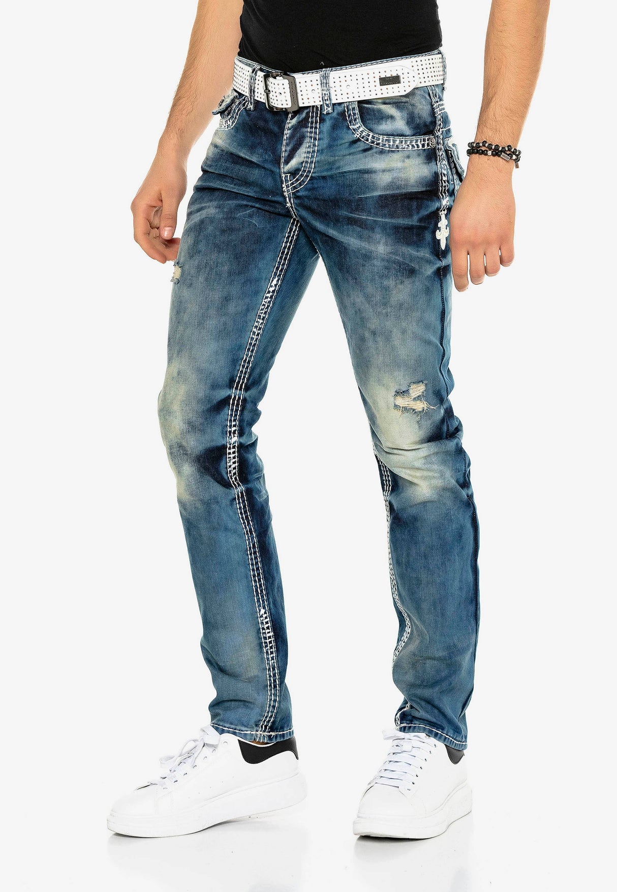 CD149 Herren bequeme Jeans im coolen Used-Look Straight Fit