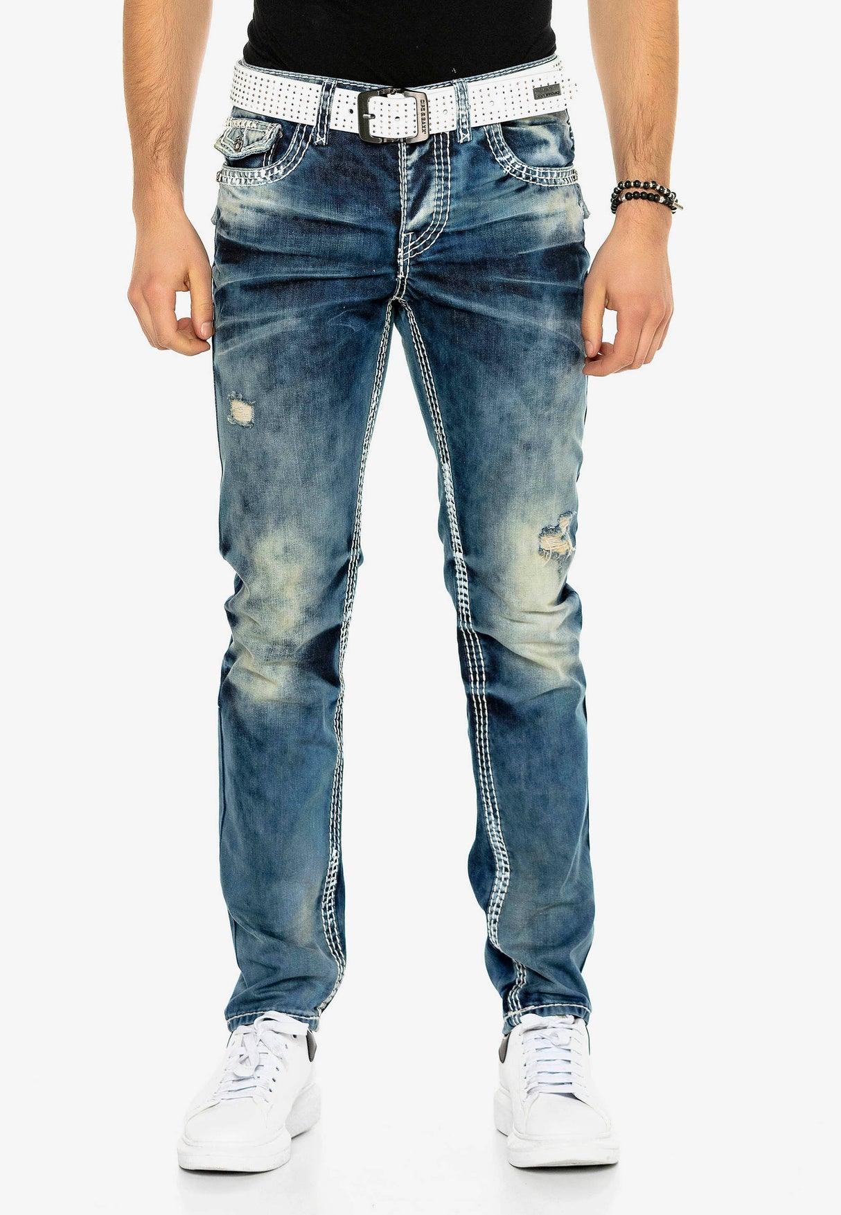 CD149 Herren bequeme Jeans im coolen Used-Look Straight Fit