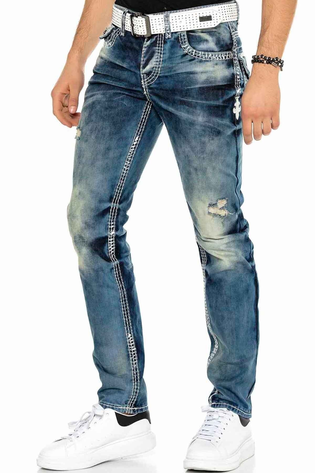 CD149 Herren bequeme Jeans im coolen Used-Look Straight Fit