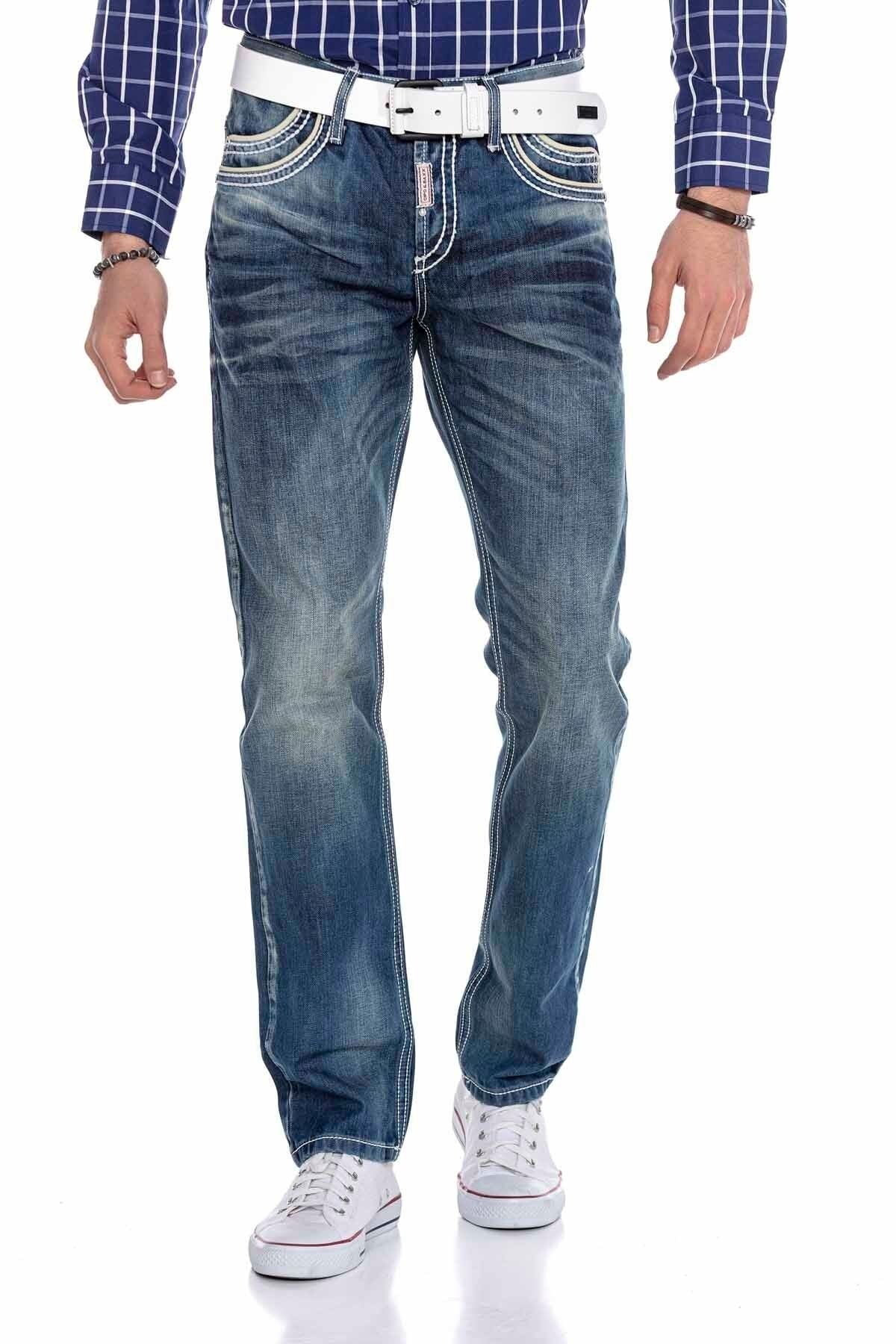 CD184 Jeans confortable pour hommes avec coutures décoratives contrastées en coupe droite