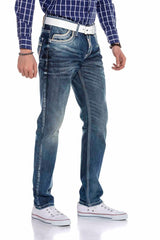 CD184 Heren comfortabele jeans met offset decoratieve stiksels in rechte pasvorm