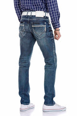 CD184 Jeans confortable pour hommes avec coutures décoratives contrastées en coupe droite