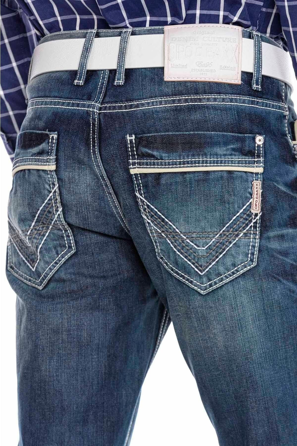 CD184 Heren comfortabele jeans met offset decoratieve stiksels in rechte pasvorm