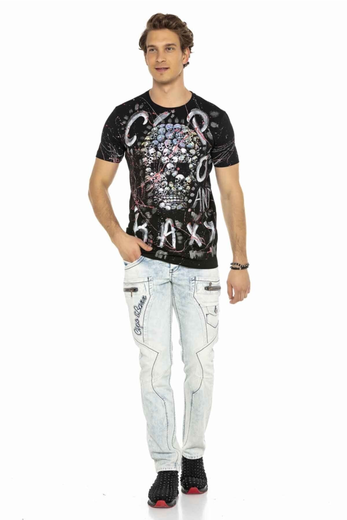 CD272 Herren bequeme Jeans mit bestickten Nähten in Straight Fit