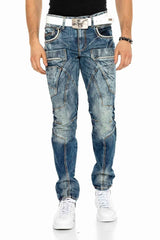 CD391 Jeans cómodos para hombres con costuras de contraste y bolsillos laterales