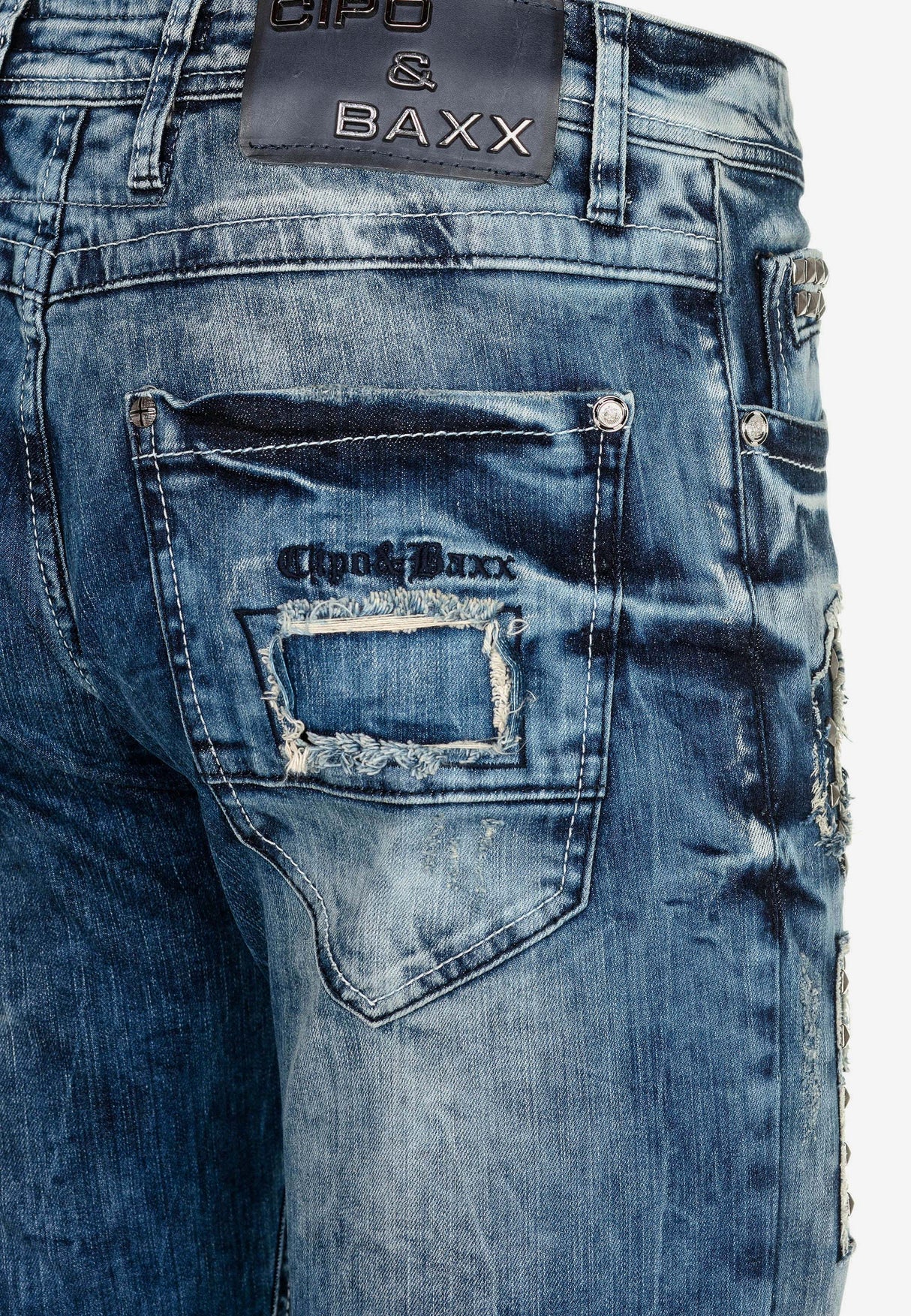 CD431 Slim-fit jeans voor heren met klinknagels en patches in rechte pasvorm