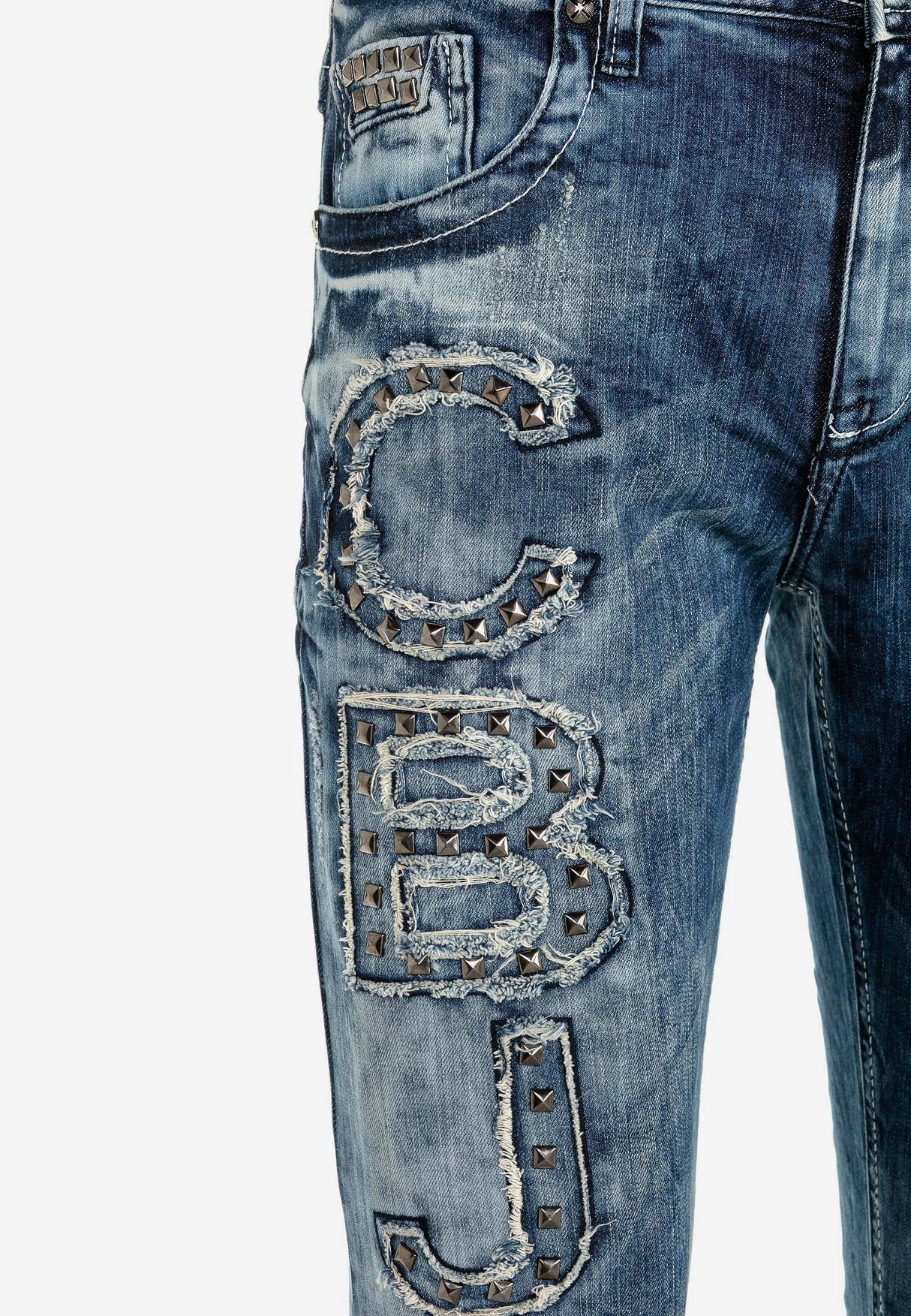 CD431 Slim-fit jeans voor heren met klinknagels en patches in rechte pasvorm