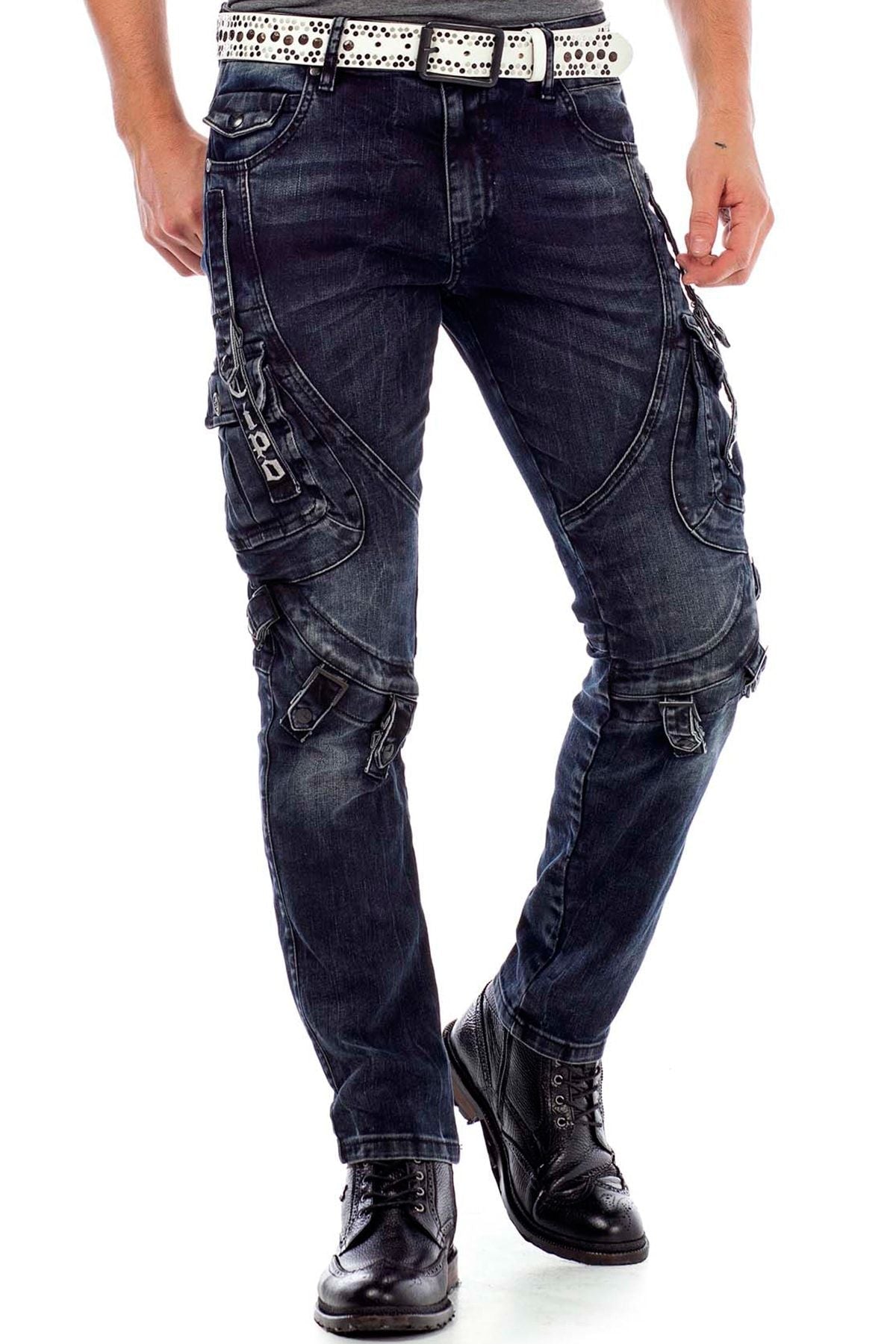 CD440 Jeans slim pour hommes avec boucles de fermeture en coupe droite